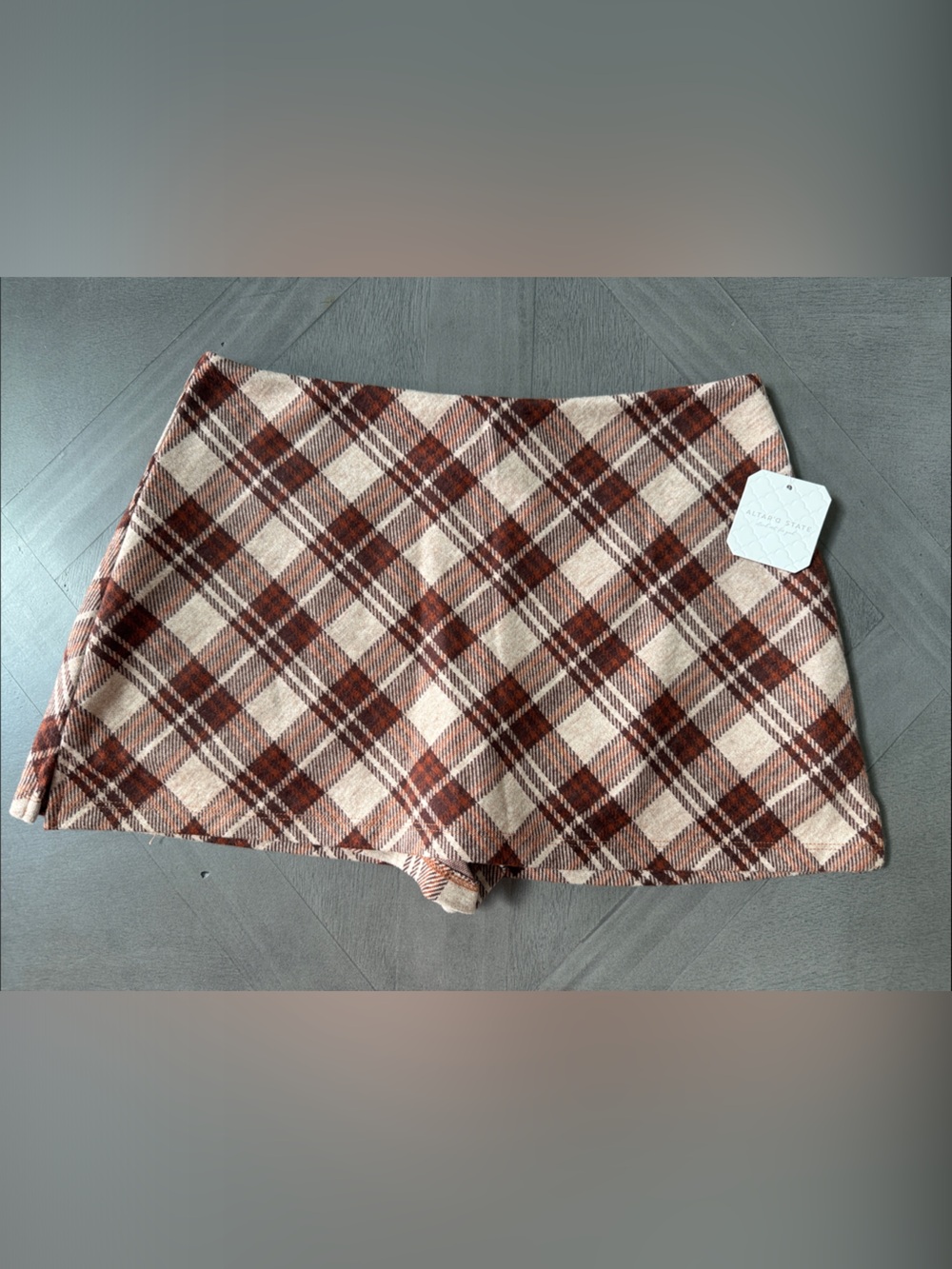 Altar'd State Cream and Brown Plaid Skort